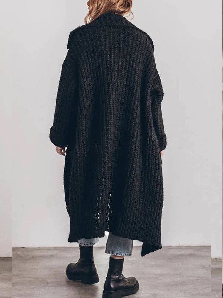 Drama collar Knitted long maxi Cardigan: Black