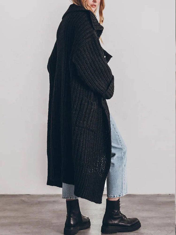 Drama collar Knitted long maxi Cardigan: Black