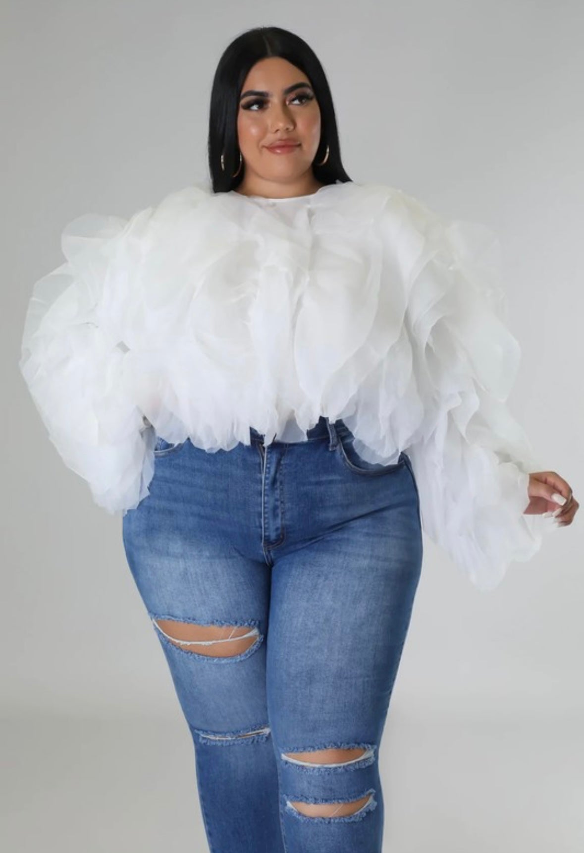 Plus Size RUFFlED LONG SLEEVE BLOSSOM TOP