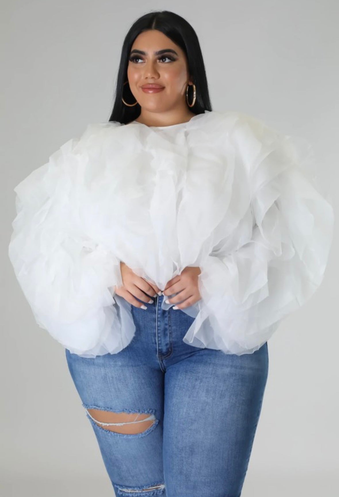 Plus Size RUFFlED LONG SLEEVE BLOSSOM TOP